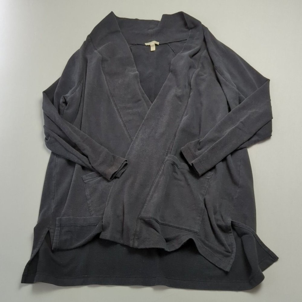 Eileen Fisher Womens Large L Black Drape Cardigan Sweater Organic Cotton Blend
